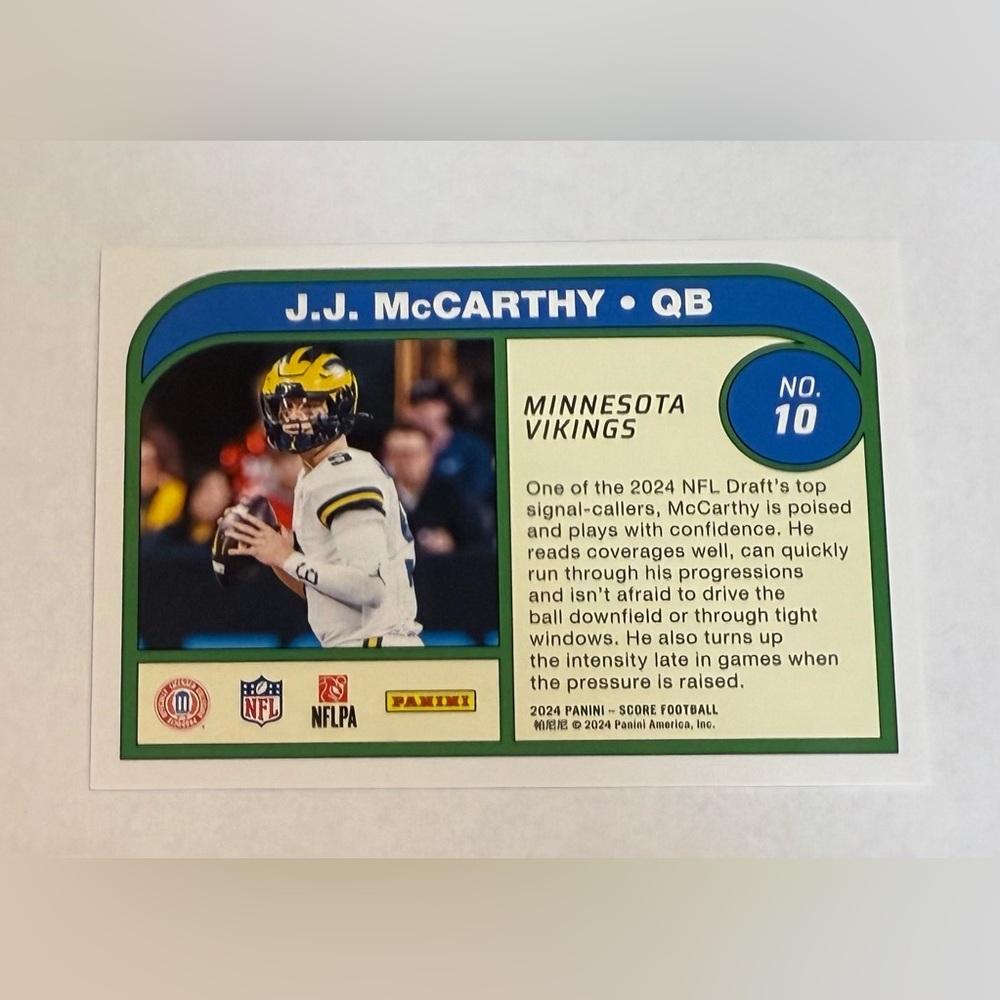 2024 Panini -Protential Score J.J. McCarthy Rookie Card # 10 - Picture 6 of 8